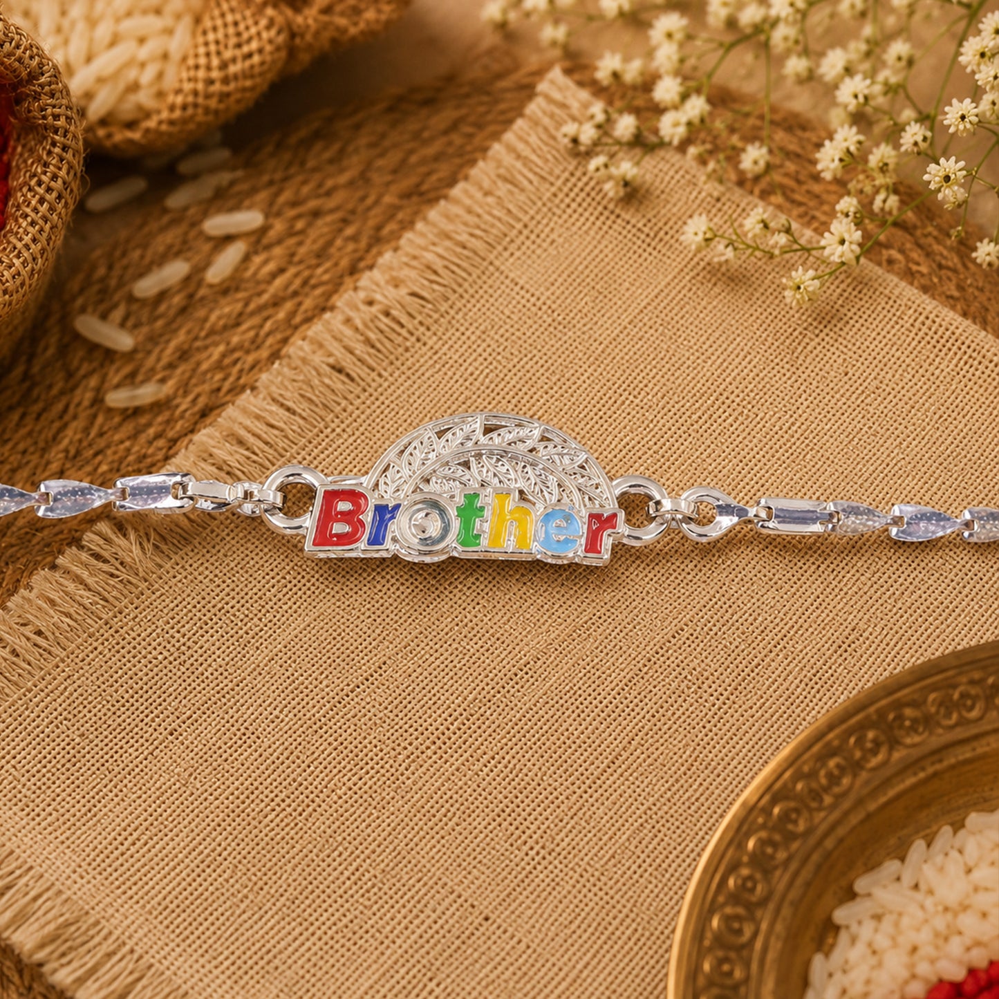 Brother Enamel Filigree Leaf Motif Silver Chain Designer Rakhi