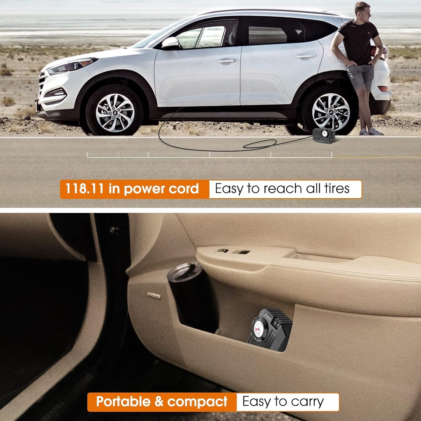 टायर इन्फ्लेटर पोर्टेबल एयर कंप्रेसर 12V कार टायर साइकिल गुब्बारे, कार, बाइक, साइकिल और अन्य इन्फ्लेटेबल के लिए छोटा एयर पंप LED लाइट के साथ (12V)