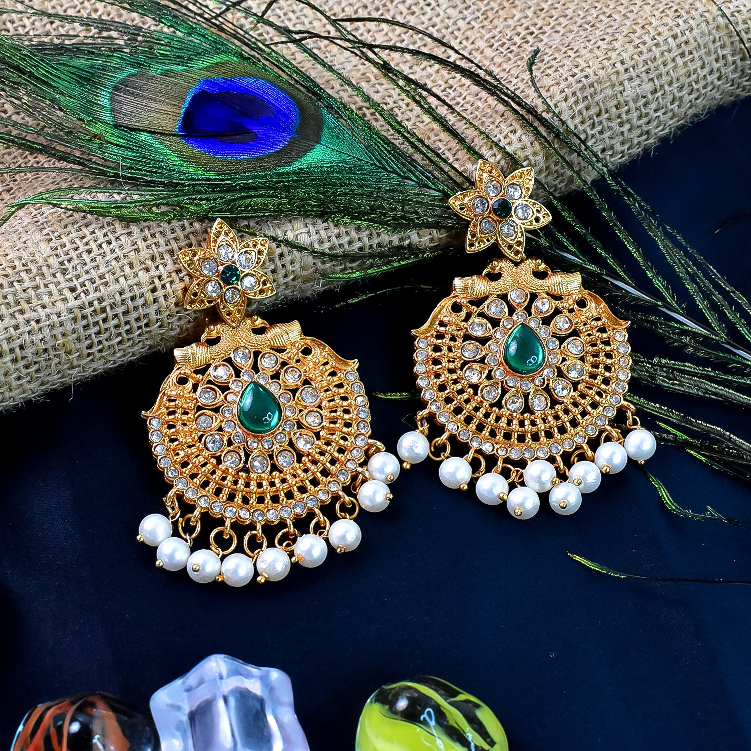 Beautiful Crafted Peacock Design American Diamond Pearl Earrings (1 Pair)