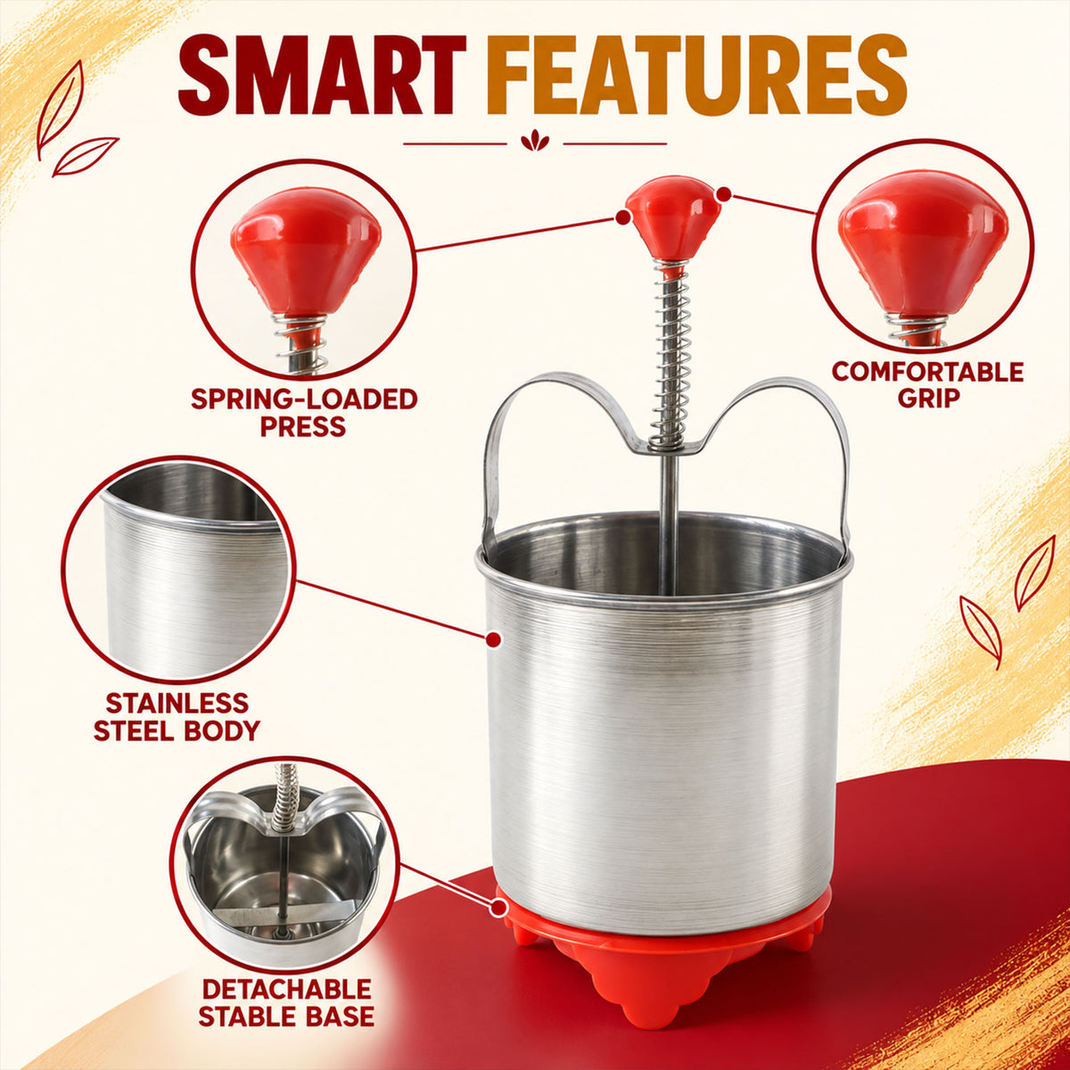 A stainless steel medu vada maker with red accents, highlighting its spring-loaded press, comfortable grip, stainless steel