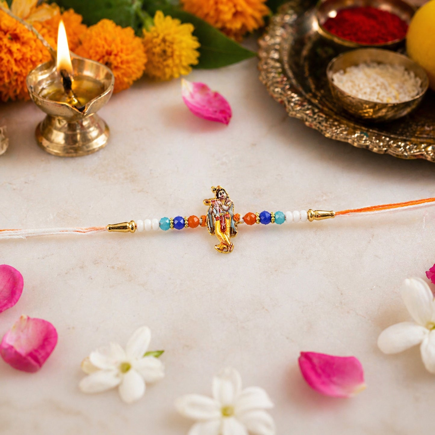 Colorful bead details on Lord Krishna Rakhi