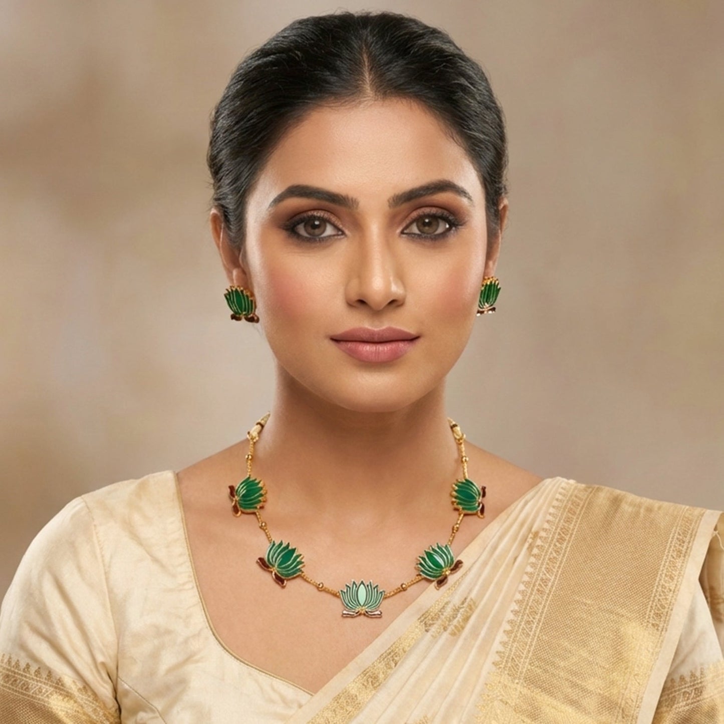 Green Lotus Necklace with Adjustable Thread & Stud Earrings Set