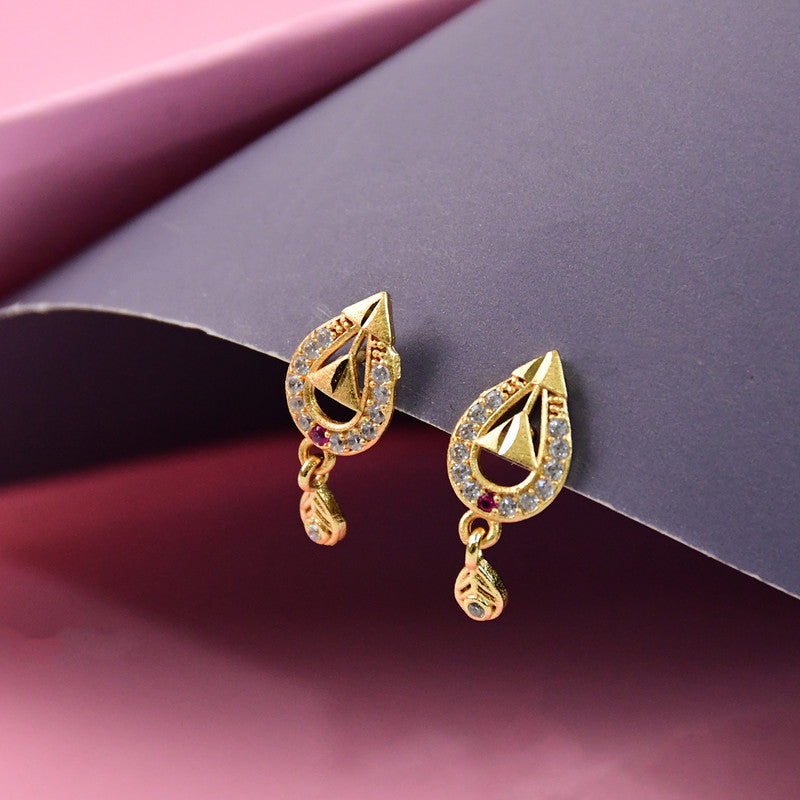 Premium Teardrop Gold Earrings with Cutwork Design & Hanging Stone