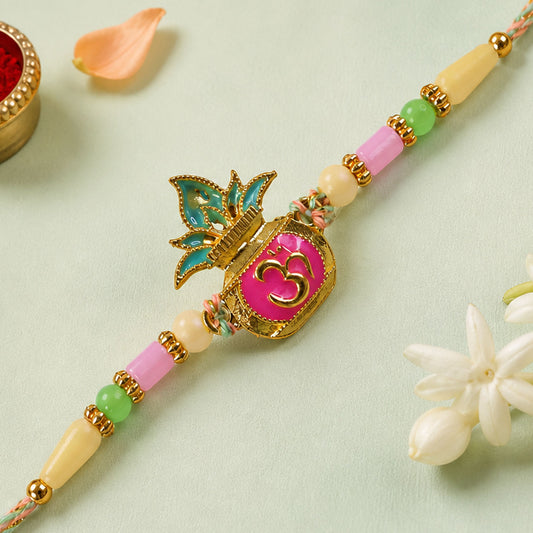 Kalash and Om Pendant Rakhi with Mango Leaf Accent and Pastel Beads
