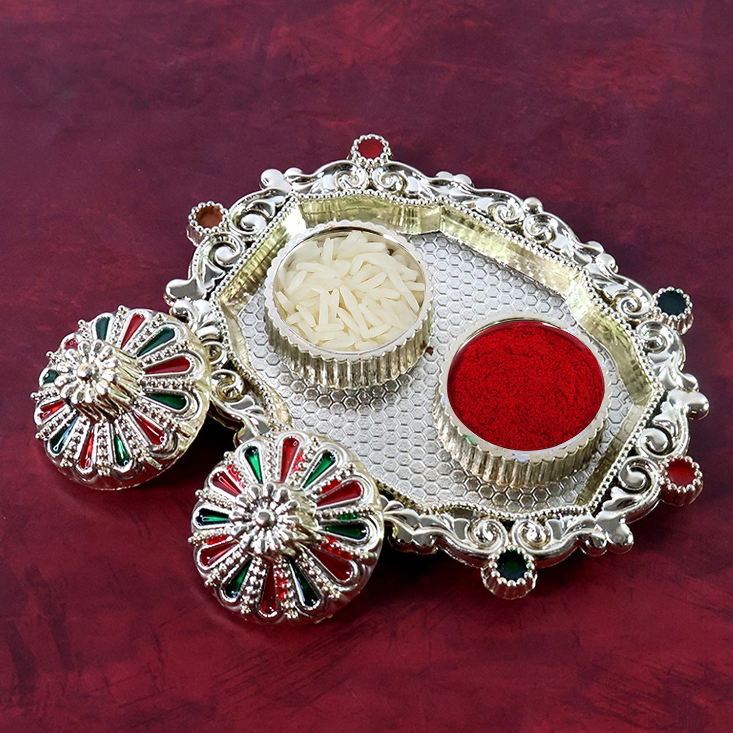 Meenakari Roli–Chawal Pooja Thali - (1 Pc / Mix design)