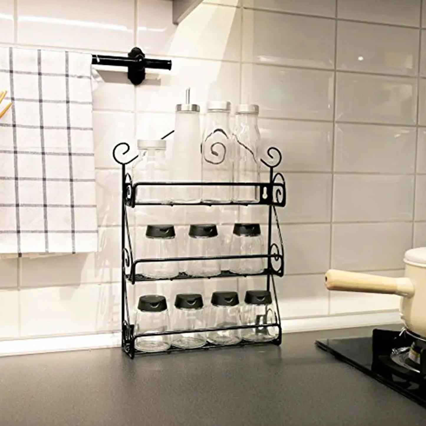 5857 કિચન, પેન્ટ્રી, કેબિનેટ, કાઉન્ટર ટોપ અથવા ફ્રી સ્ટેન્ડિંગ, રસોડા માટે રેક હોલ્ડર માટે 3 સ્ટોરેજ રેક્સ સાથે મોટી દિવાલ માઉન્ટેડ આયર્ન વોલ શેલ્ફ