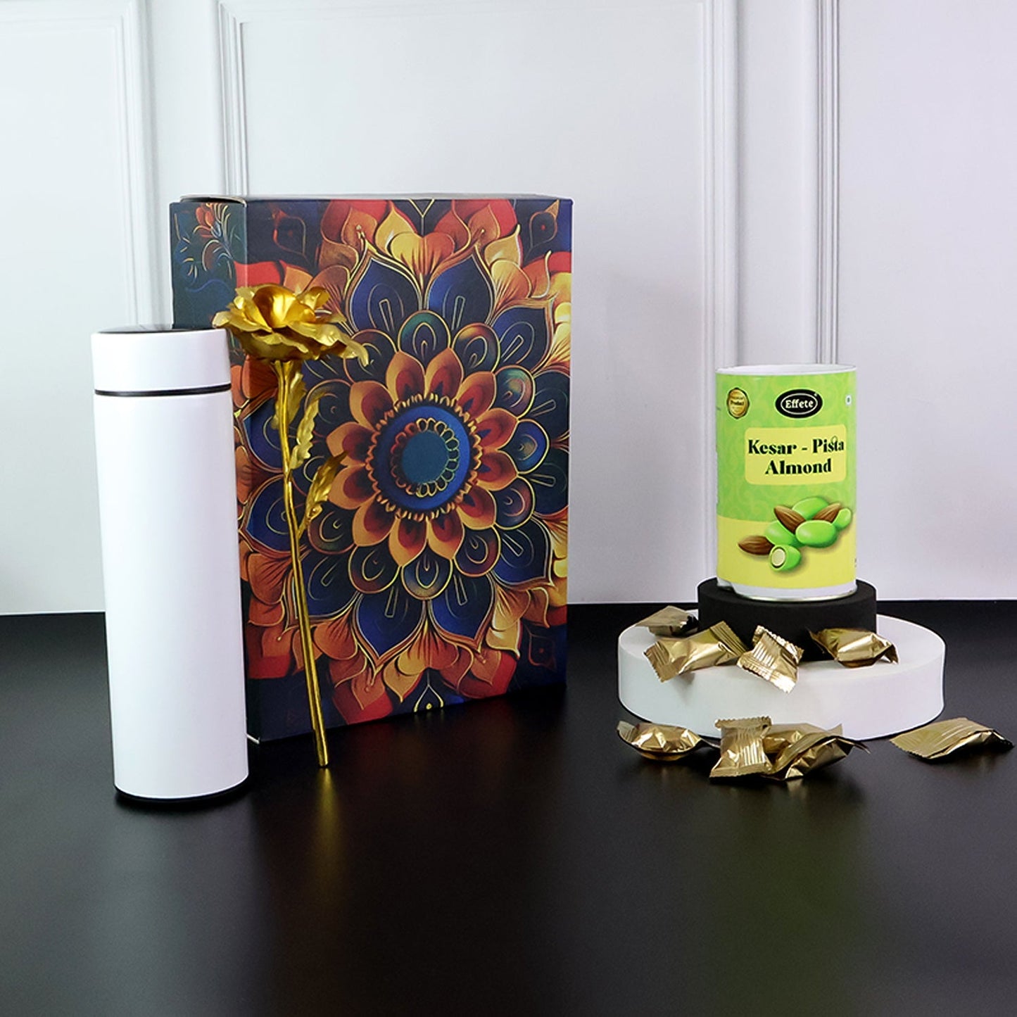 Personalized Temperature Water Bottle, Effete Kesar Pista Almonds Gift Hamper, Golden Rose With Bottle (3 Pc Set)