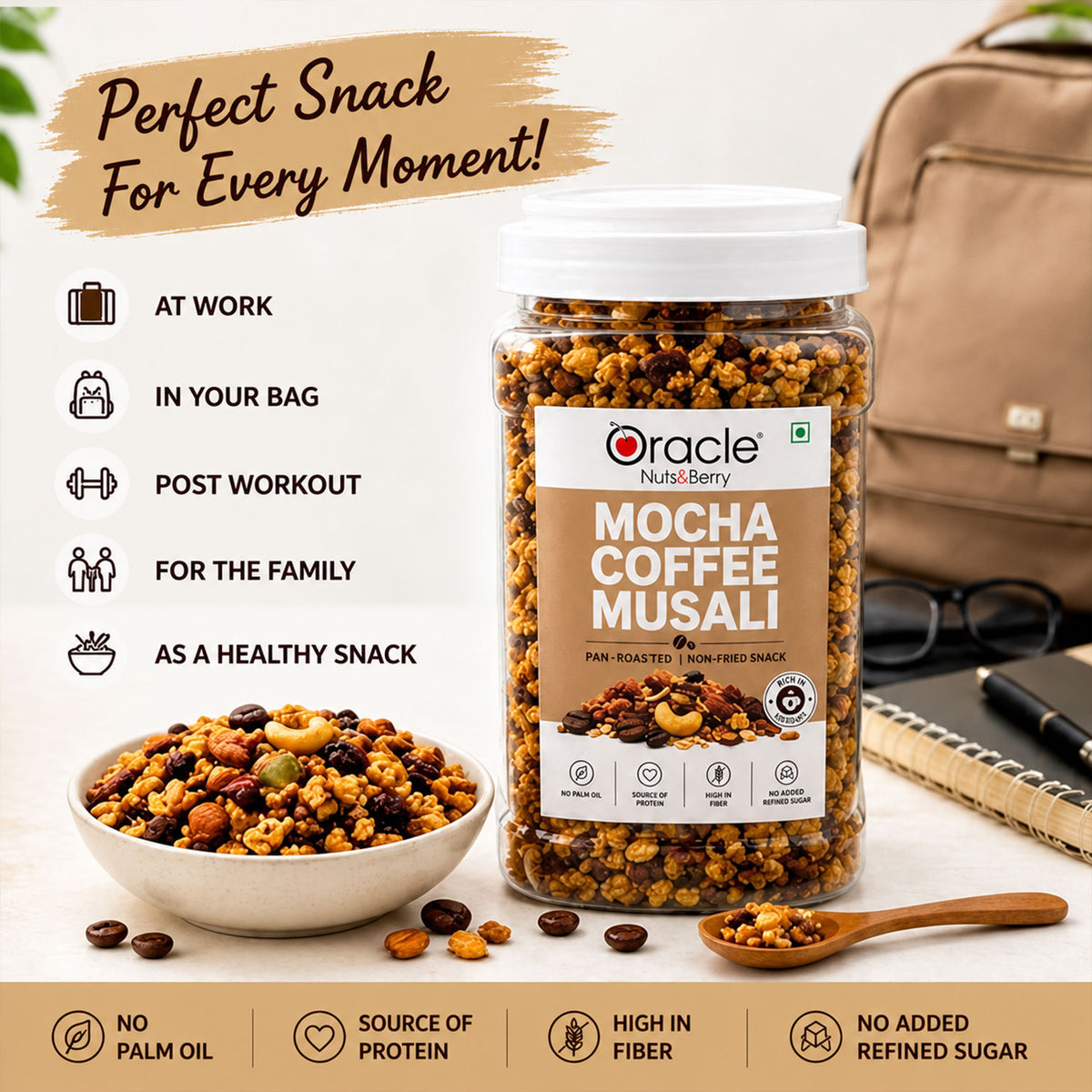 Mocha Coffee Muesli Premium Rich Pan Roasted Crunchy Breakfast Cereal Jar (400g)