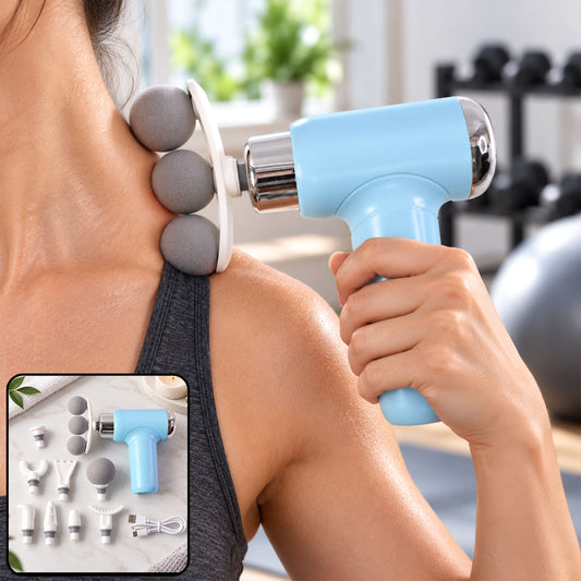 A person uses a light blue massage gun with three grey spherical heads on their shoulder, in a gym setting.