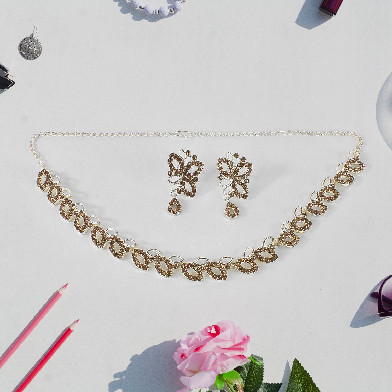 American Diamond Studded Floral Shaped Necklace With Earrings