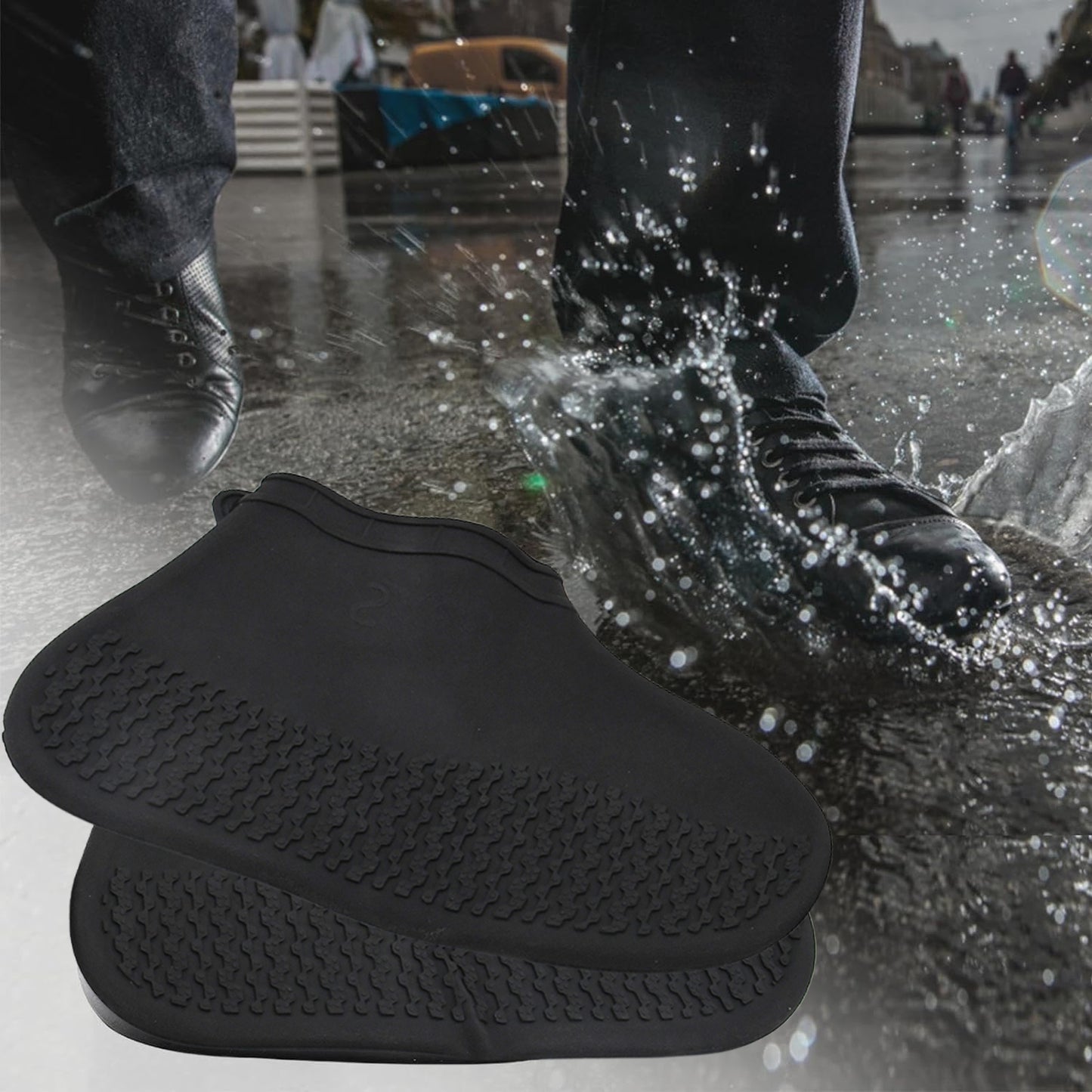 Silicone waterproof shoe covers worn on feet outdoors