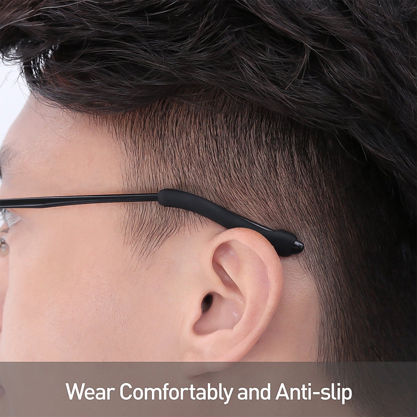 Anti-slip silicone eyeglass ear stabilizers fitted on glasses