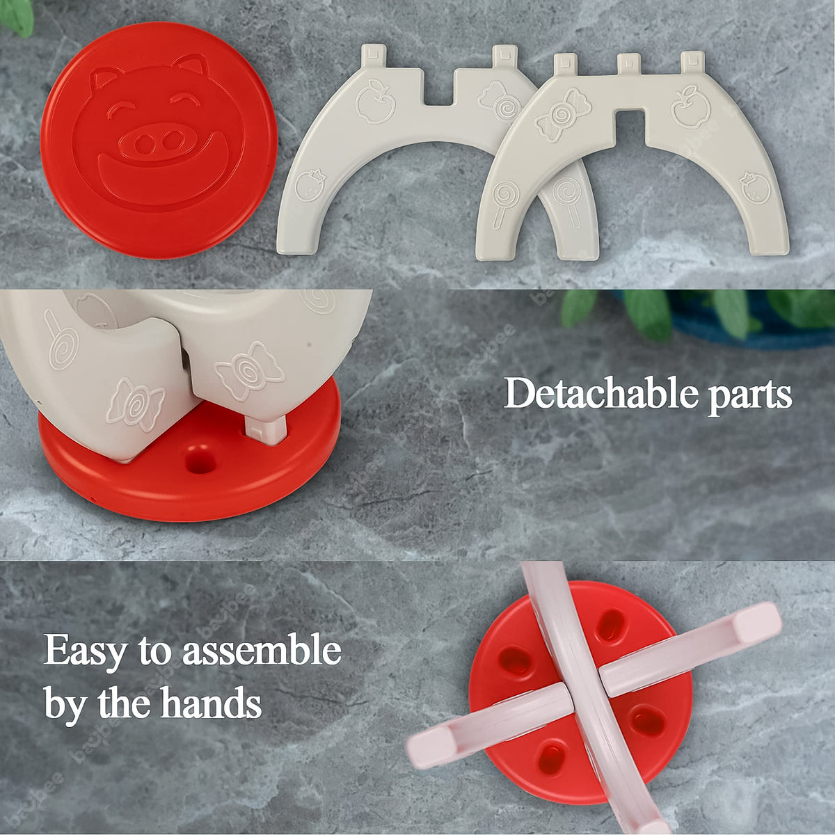 Three panels show the red seat, white curved legs with embossed candy shapes, and assembly details of the stool.