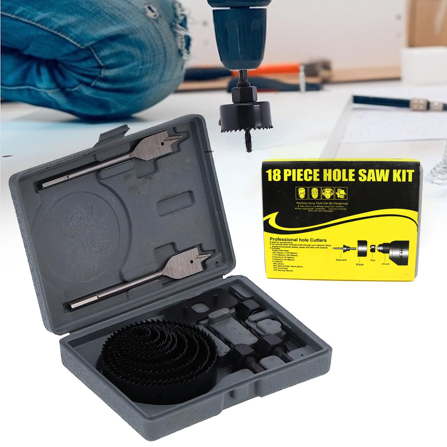 7576 ડ્રિલ હોલ કટર, પીસીવી કાપવા માટે કાર્બન સ્ટીલ ઉચ્ચ ચોકસાઈવાળા છિદ્રો કાપવા માટે પ્લાસ્ટિક કાપવા માટે લાકડાના છિદ્ર સો કીટ (18 પીસી સેટ)
