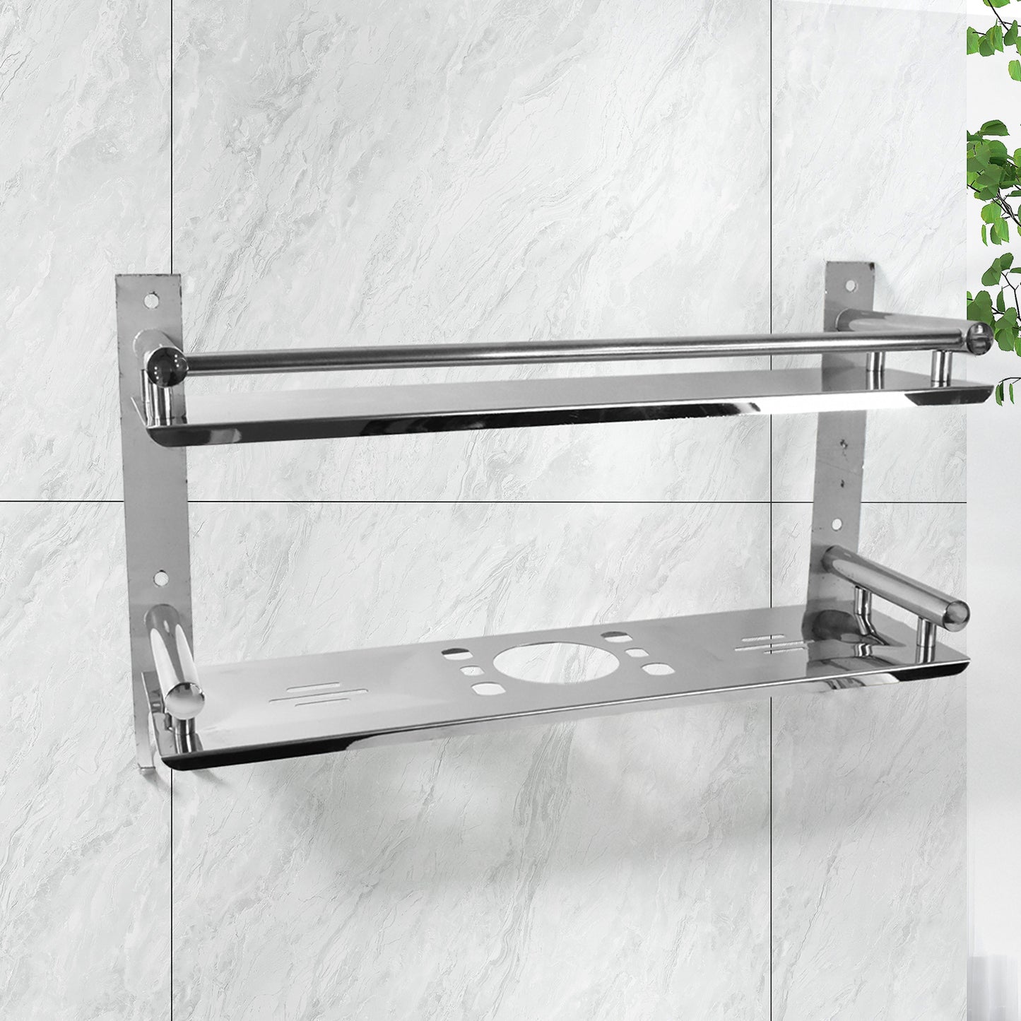 Side view of stainless steel bathroom shelf with soap and tumbler holders