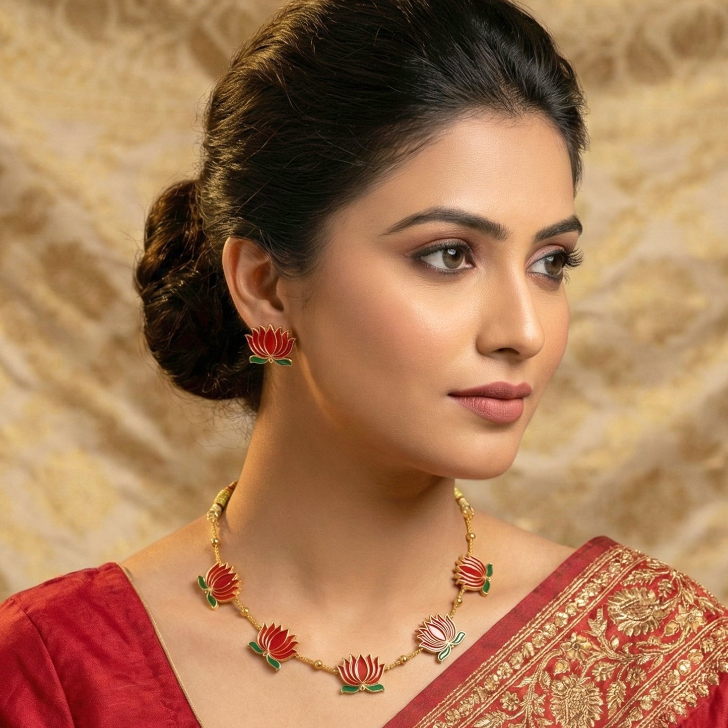 Red Lotus Necklace Set – Adjustable Thread Ethnic Jewellery