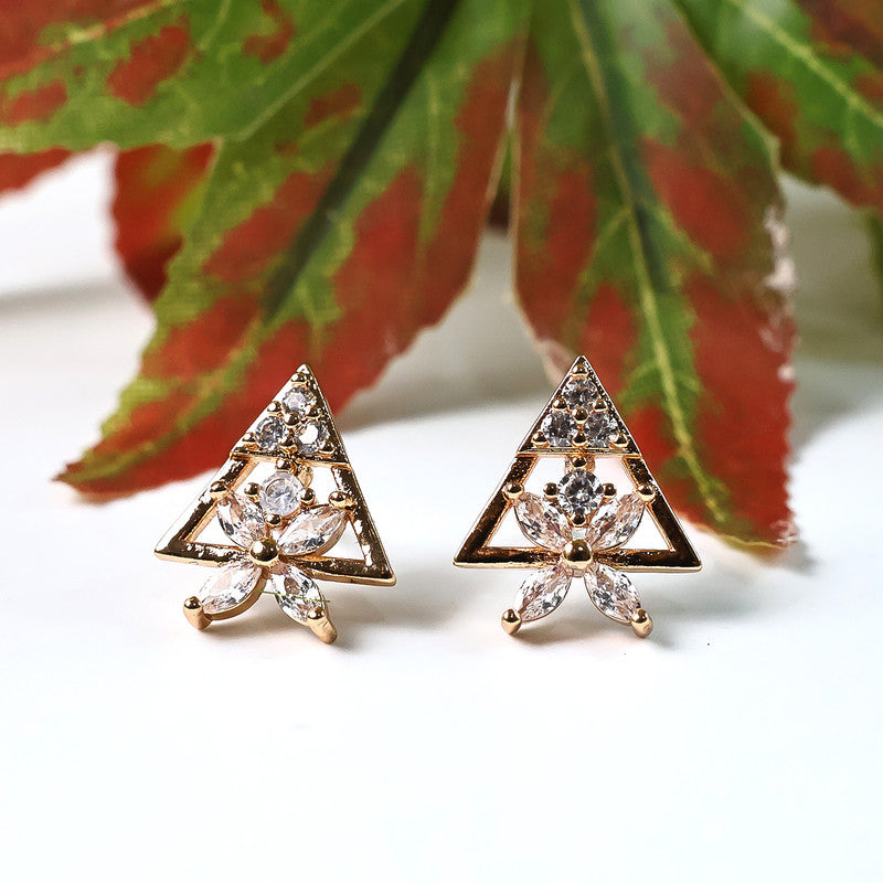 Trendy Triangle Floral Design CZ Stone Stud Earrings for Women