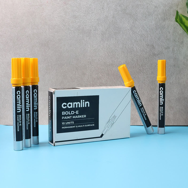 Camlin Bold-E Paint Marker – Yellow Colour, Permanent & Refillable Paint Markers for Industrial and Multi-Surface Marking – Pack of 10