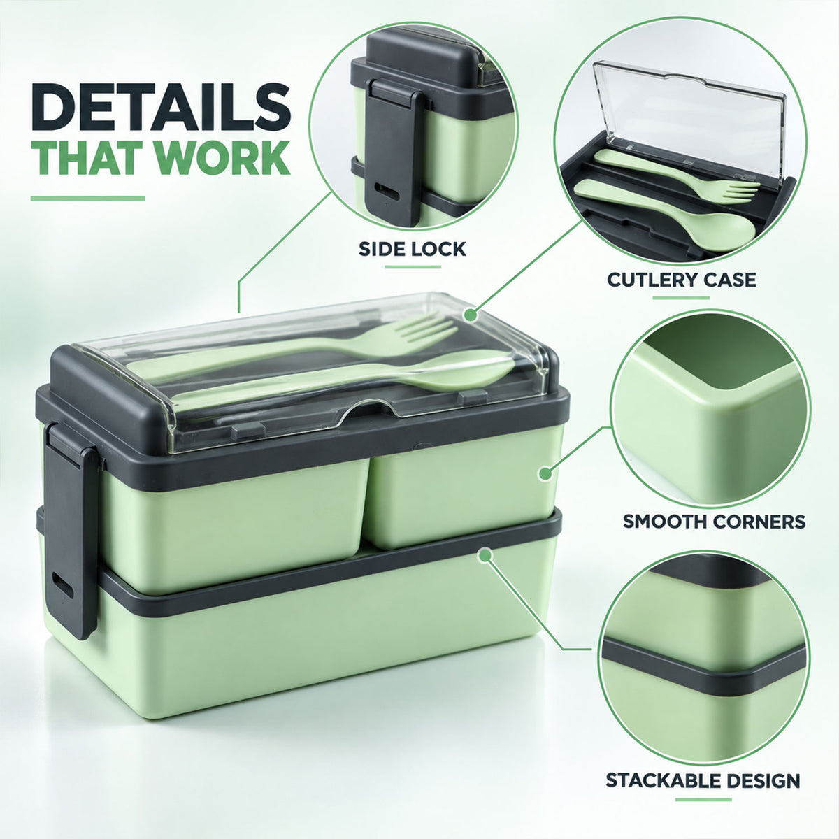 Features of plastic 2layer lunch box.