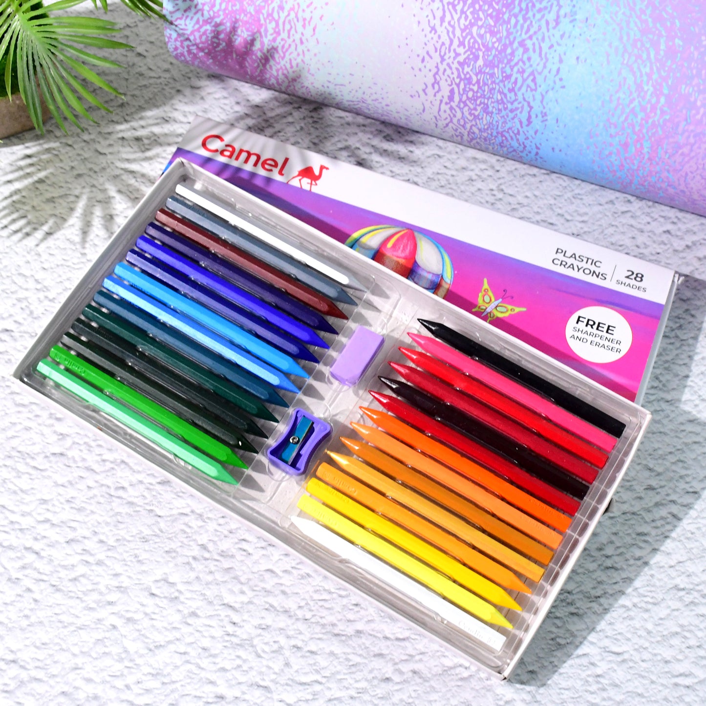 Camel Plastic Crayons with Free Sharpener & Eraser - 28 Shades