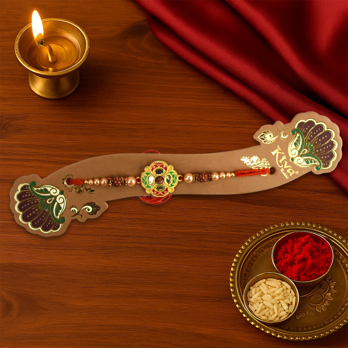Traditional Rudraksha & Meenakari Rakhi – Ethnic Design with Red Thread & Golden Beads