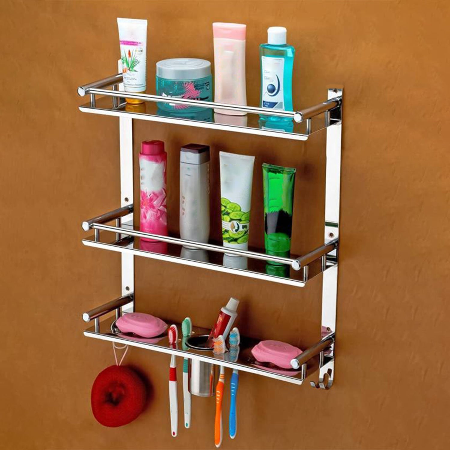 Stainless Steel 6 In 1 Multipurpose Bathroom Shelves Rack (15Inch)