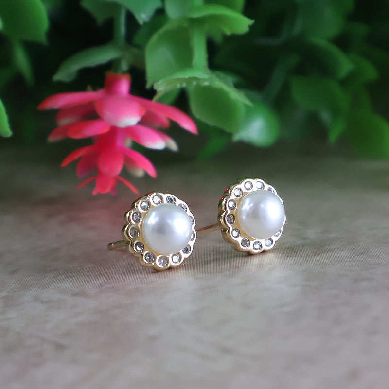 Classic Round Pearl and CZ Stone Stud Earrings for Women