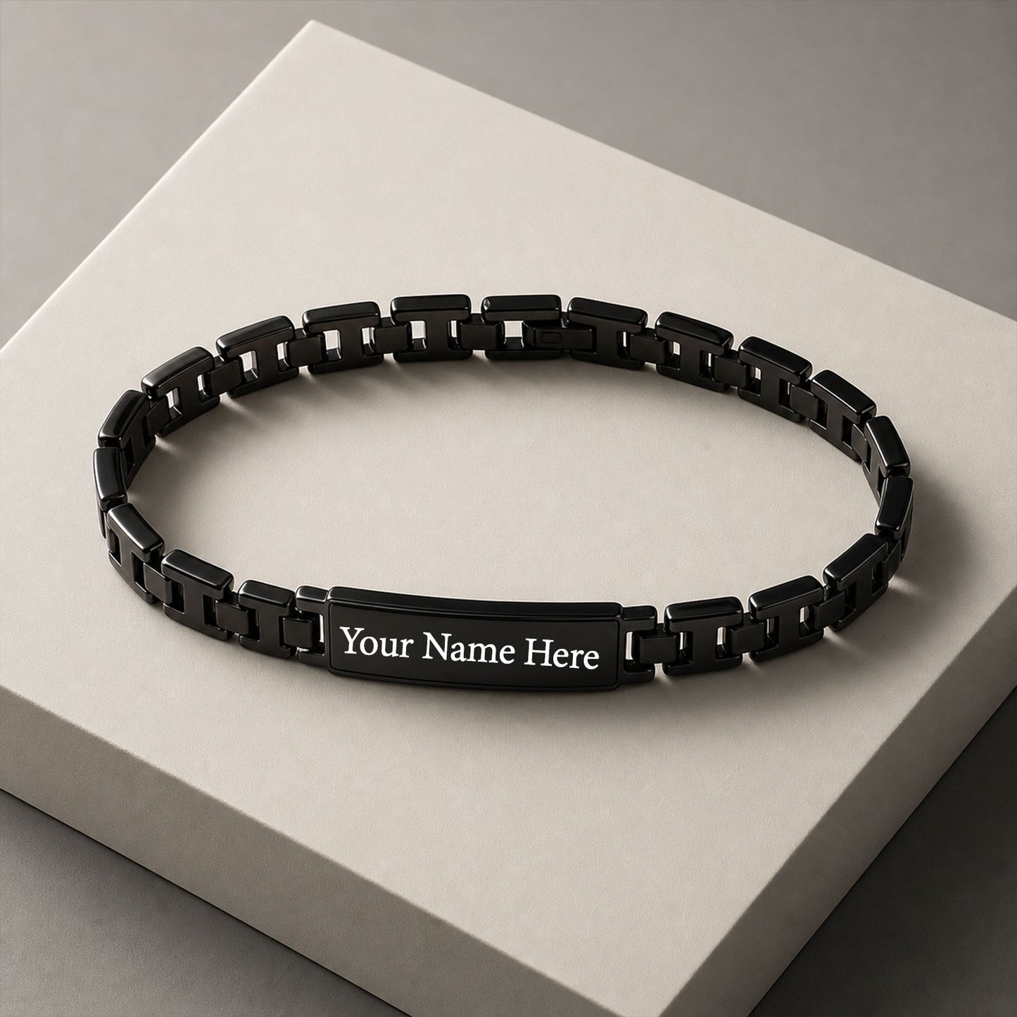 Customized Name Bracelet Black Stainless Steel Engraved Link Chain (1 Pc)