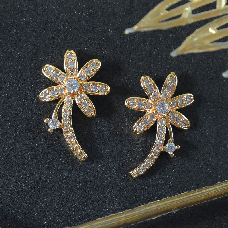 Stylish Floral Curve Design CZ Stone Stud Earrings for Women