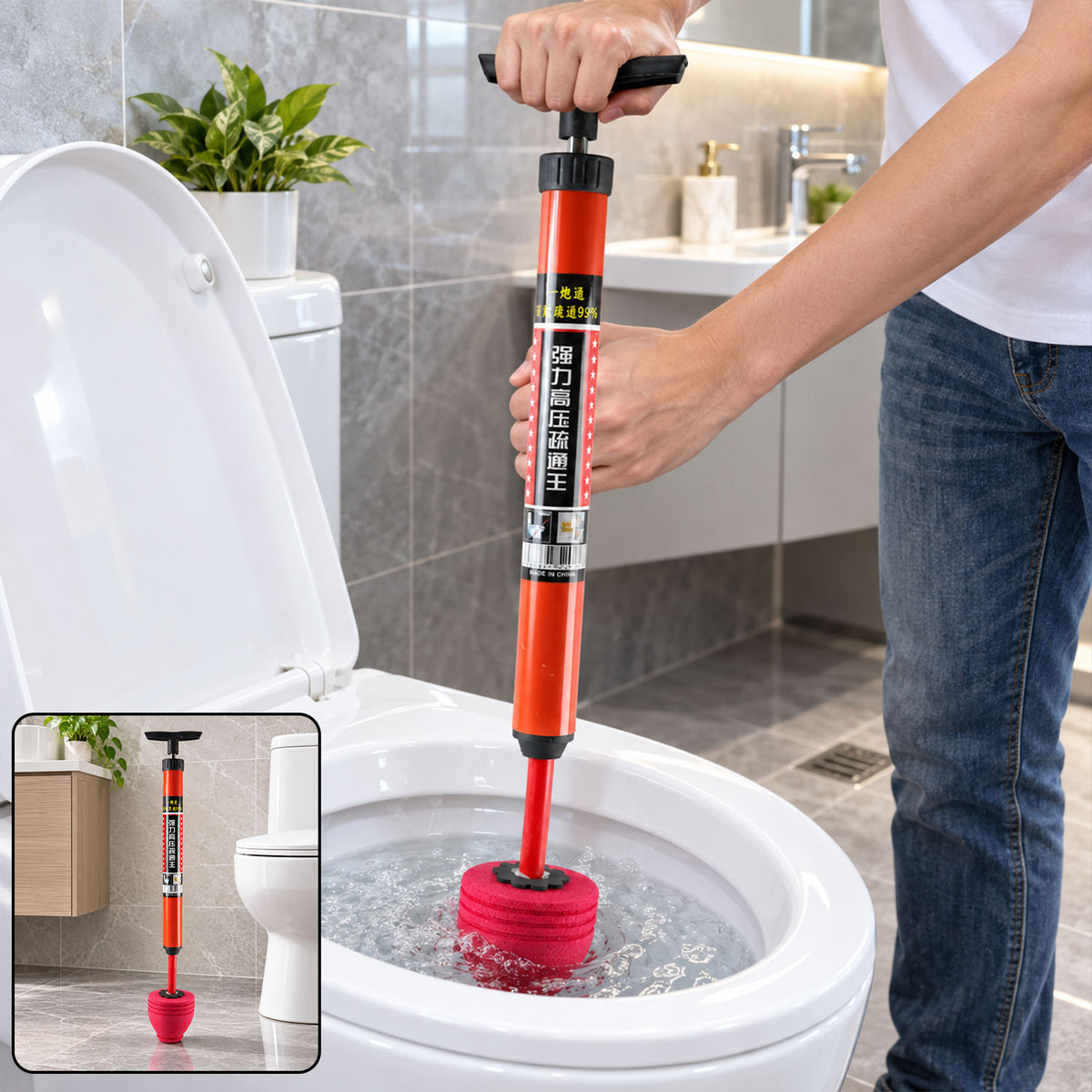 A person uses an orange and red pump plunger to clear a toilet, with water bubbling inside the bowl.