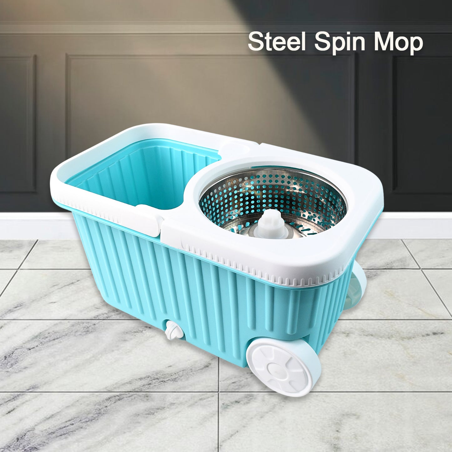 Apex Magic Spin Mop bucket showing dual compartments and drain spout
