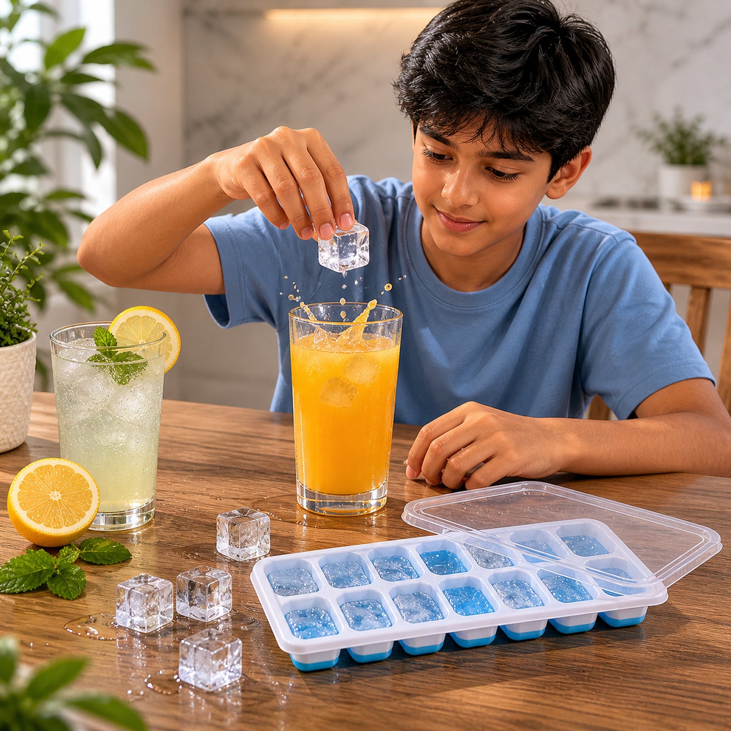 Close-up of flexible plastic ice cube tray with lid