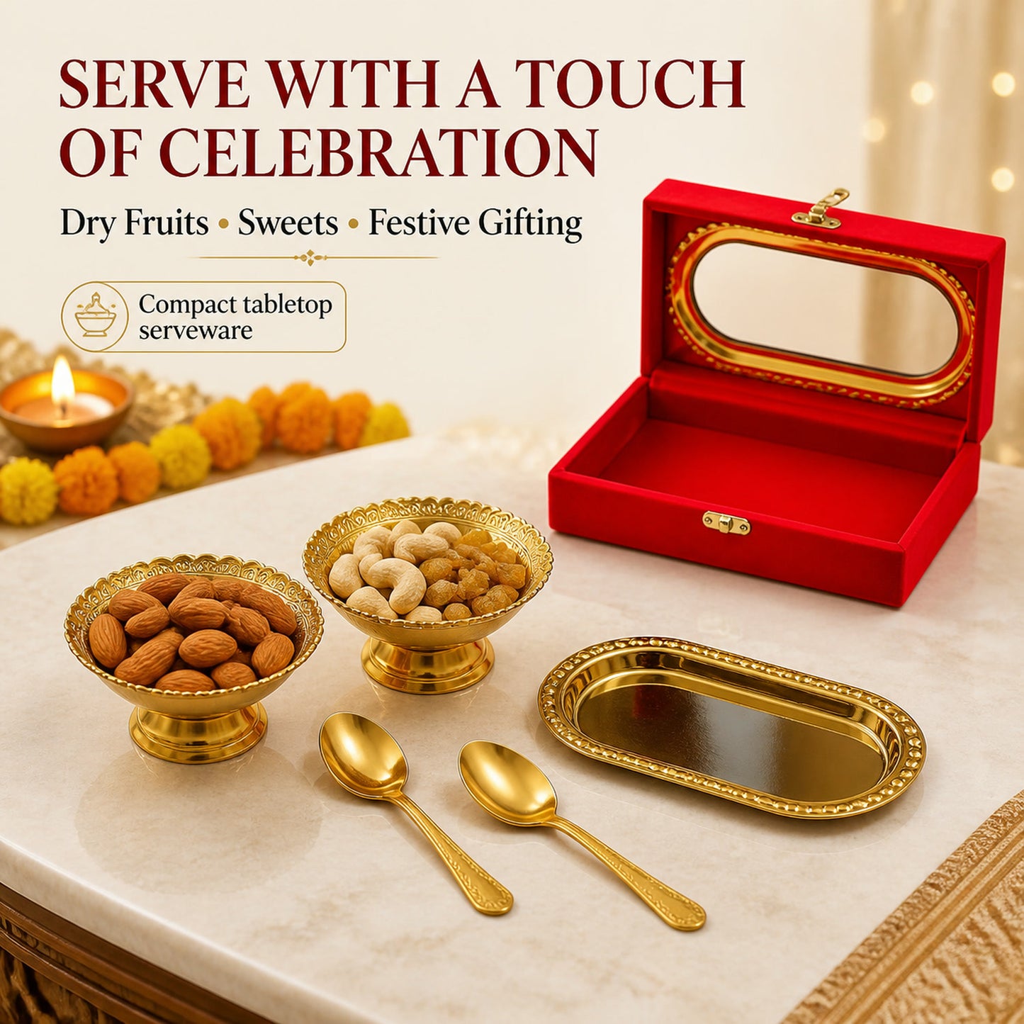 Gold Silver Plated Tray Set – Brass with Bowls & Spoons | Lunchie Bunchie