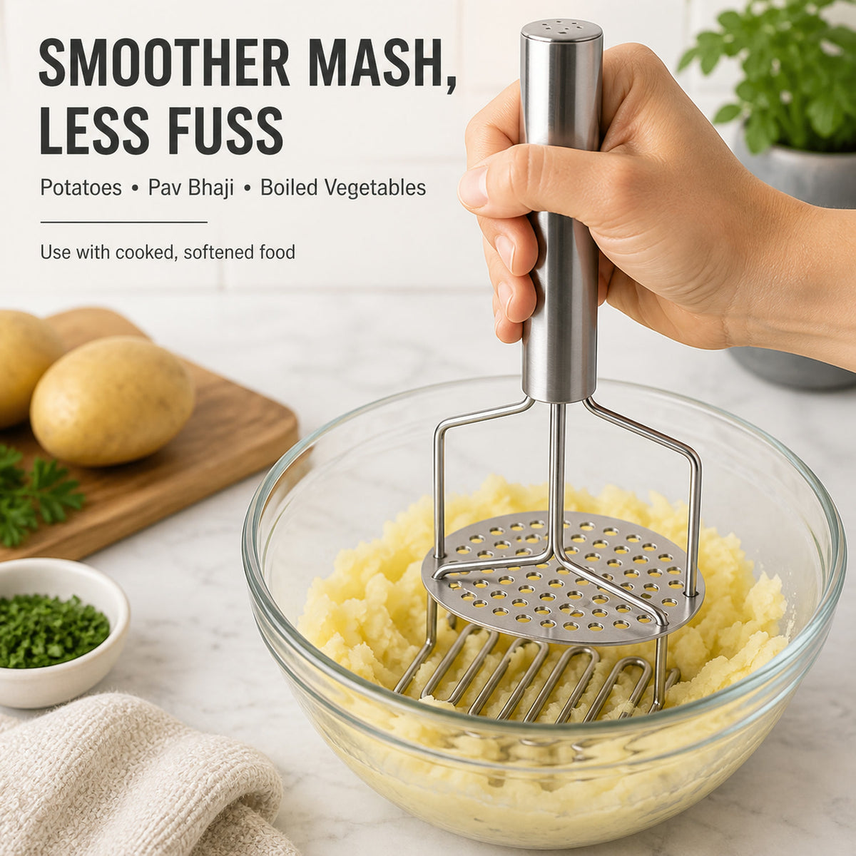 Stainless Steel Masher – Durable Hand Smasher for Kitchen | Mini Bubbles