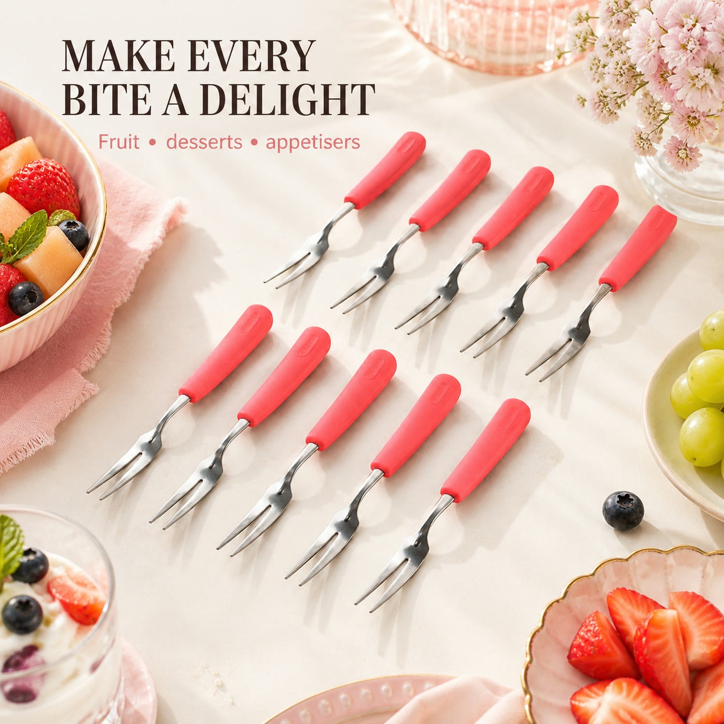 Stainless Steel Fruit Fork Set – 10 Durable Mini Forks with Soft Grip