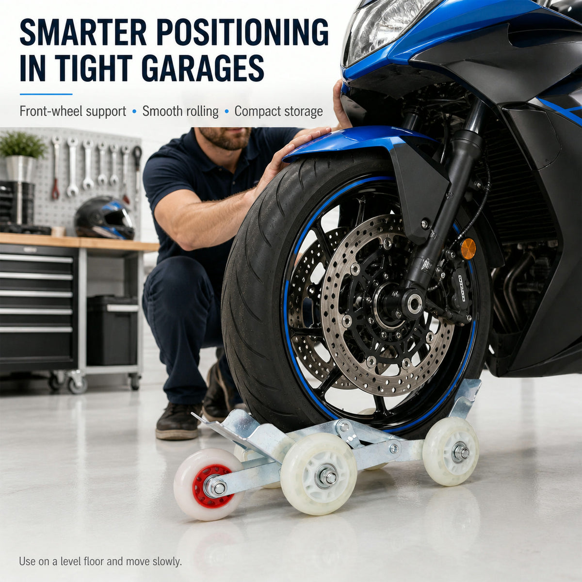 Motorcycle Front Wheel Parking Roller Stand – Heavy-Duty Metal Frame
