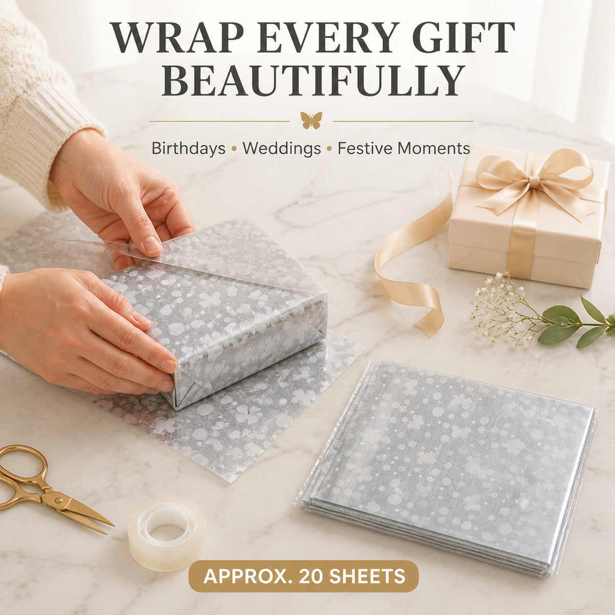 Silver Decorative Gift Wrapping Paper Sheets – 20 Pieces Premium Pack