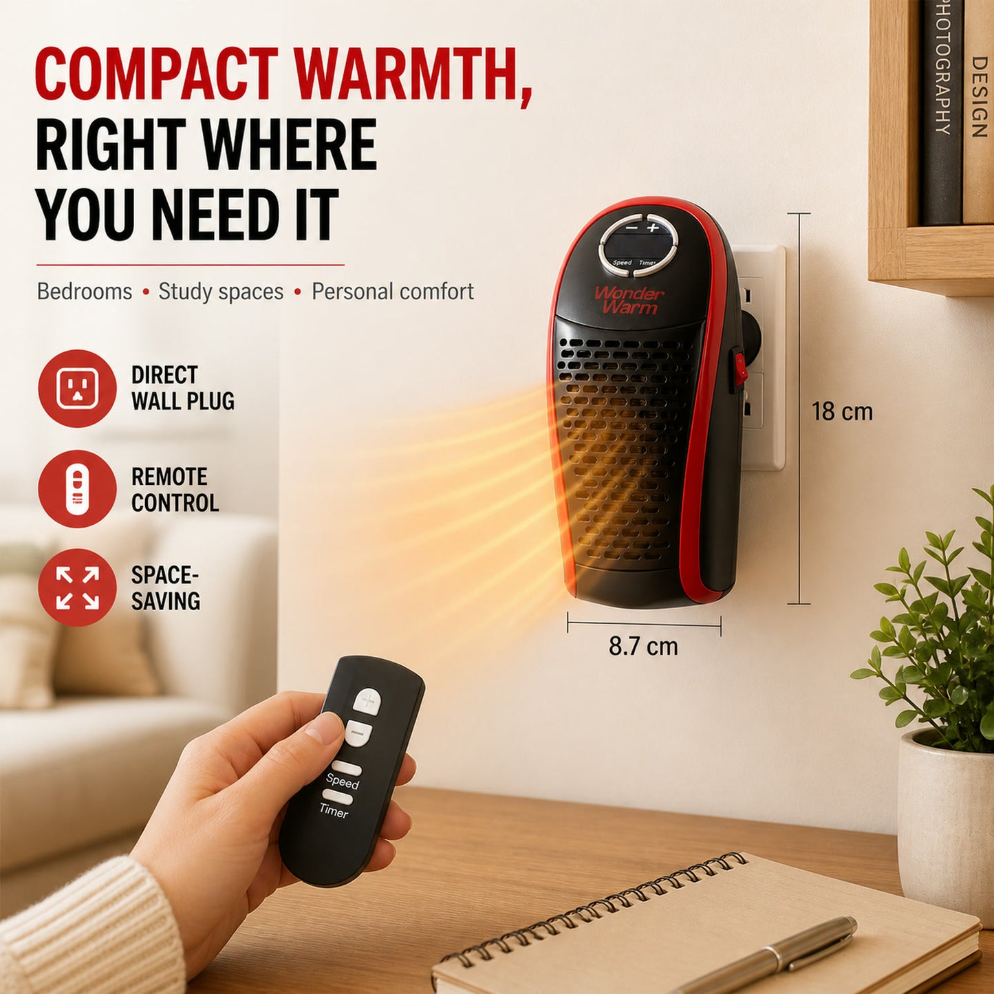 400W Wall Plug Room Heater – Compact Heating with Remote Control