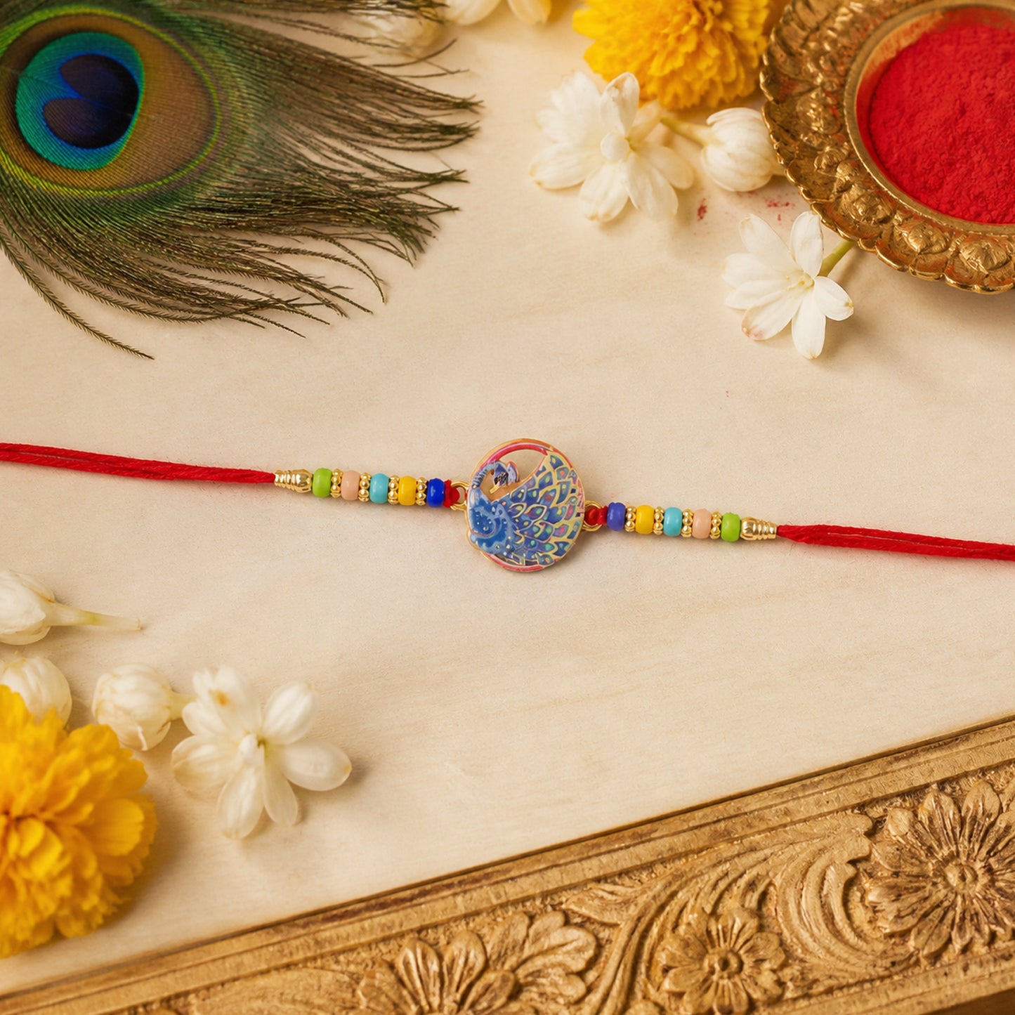 Peacock Designer Rakhi with Multicolor Beads - 1 Pc