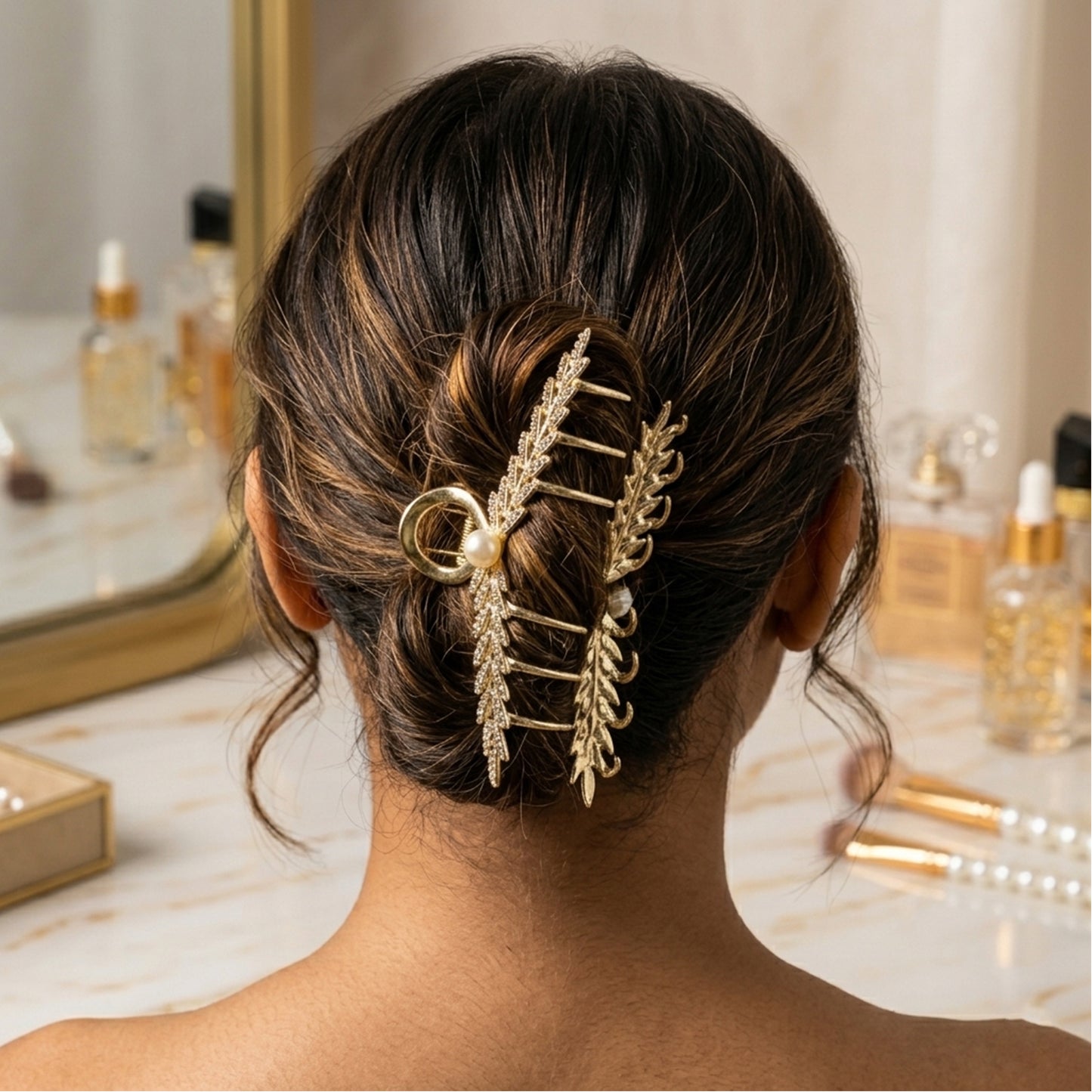 Close-up of hair clip showing crystal leaf design