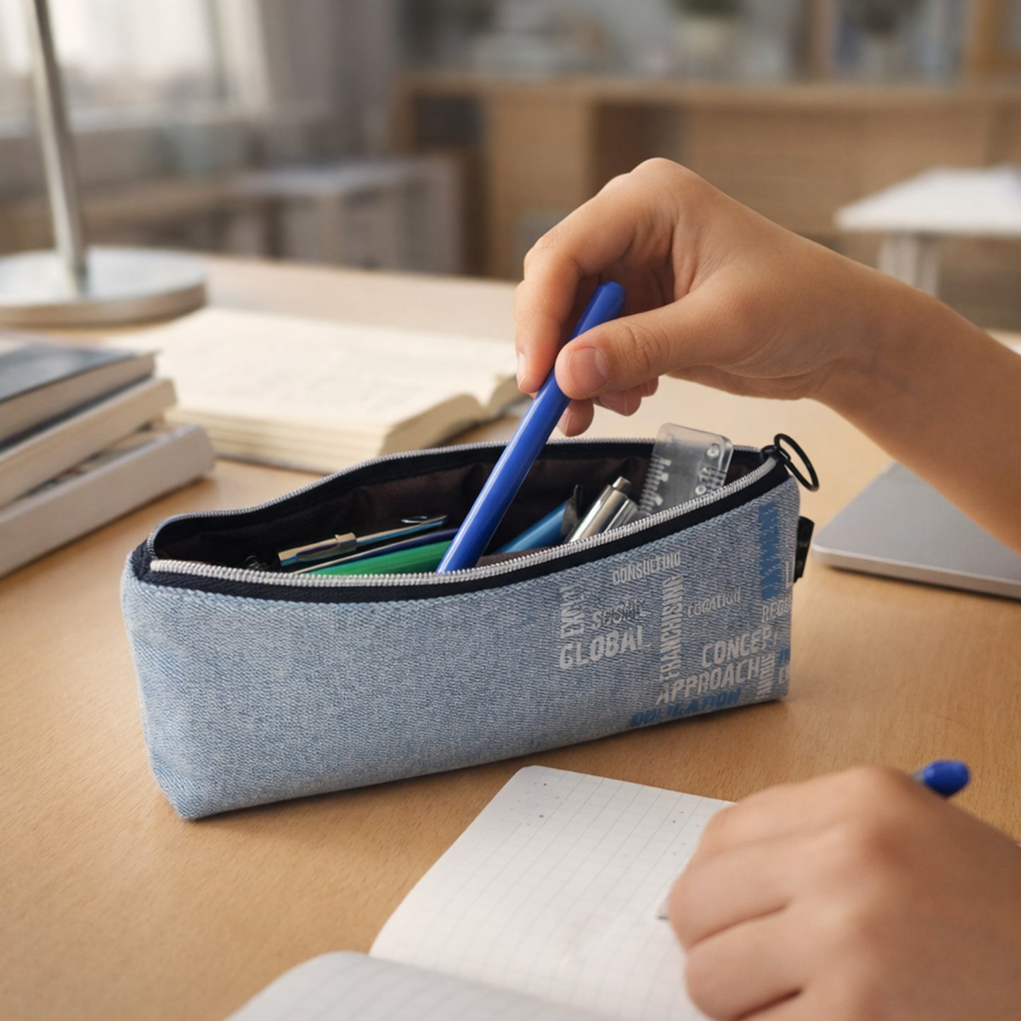 Fabric pencil pouch with zipper closed