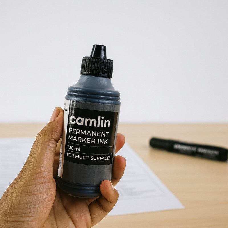 Camlin Permanent Marker Ink 100 ml – Black Color Refill Ink for Multi-Surfaces