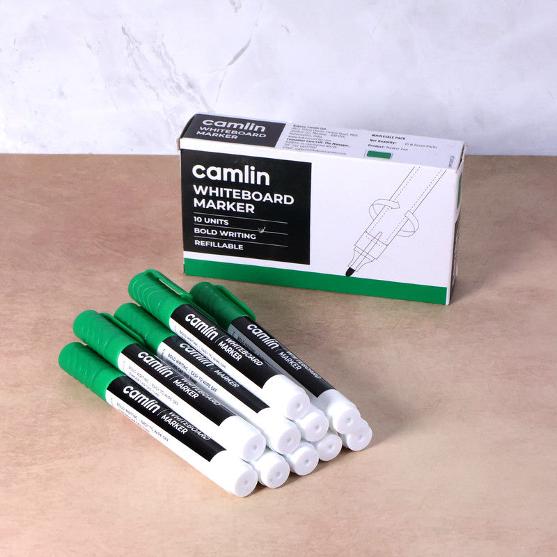 Camlin Whiteboard Marker – Green Colour, Bold & Refillable Ink, Smooth Writing Marker for Whiteboards – Pack of 10