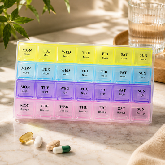Weekly Pill Organizer – 28-Slot Portable Medicine Box | Organivo