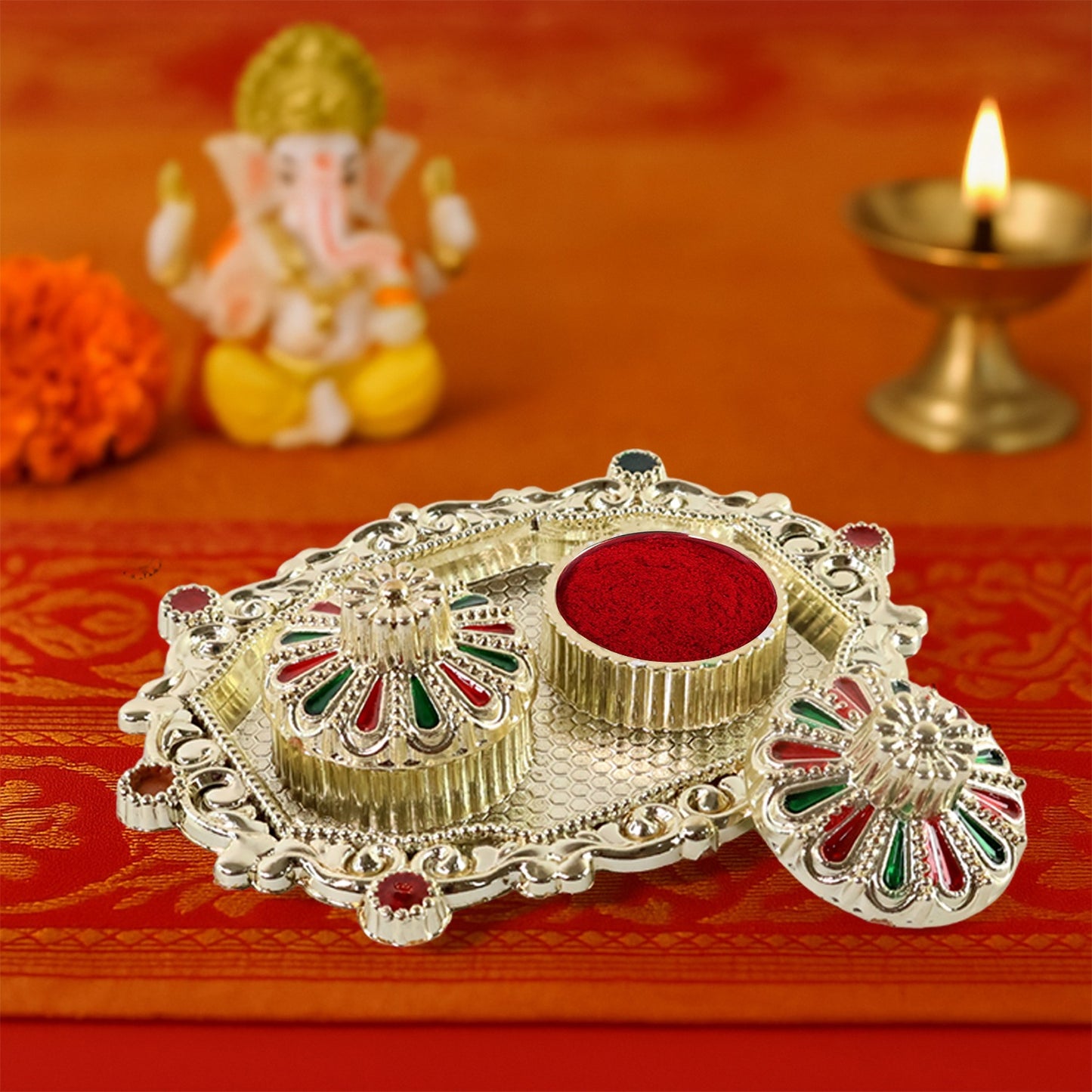 Meenakari Roli–Chawal Pooja Thali - (1 Pc / Mix design)