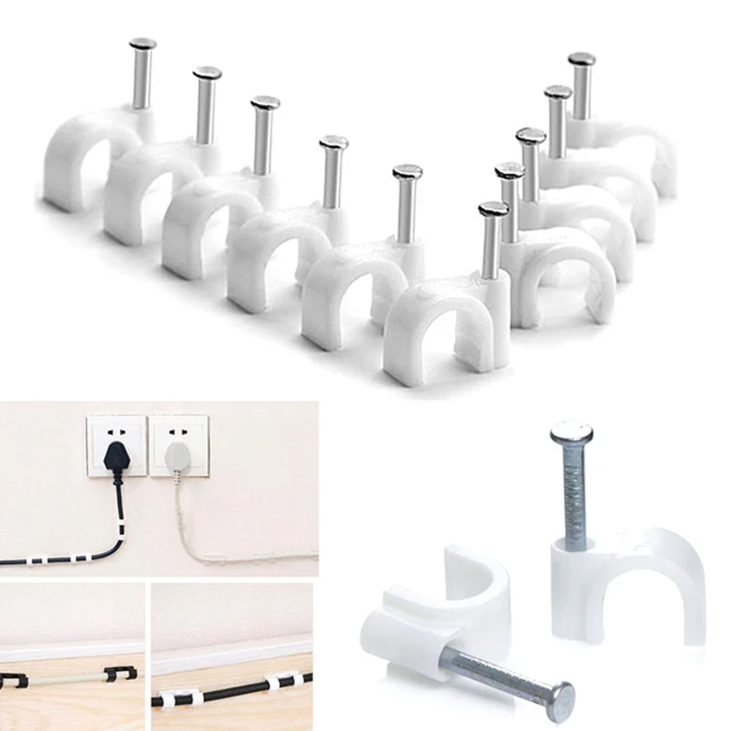 Wire Wall Clips, Plastic Cable Clips Round Wire Pins with Steel Nail (20 Pcs Set)