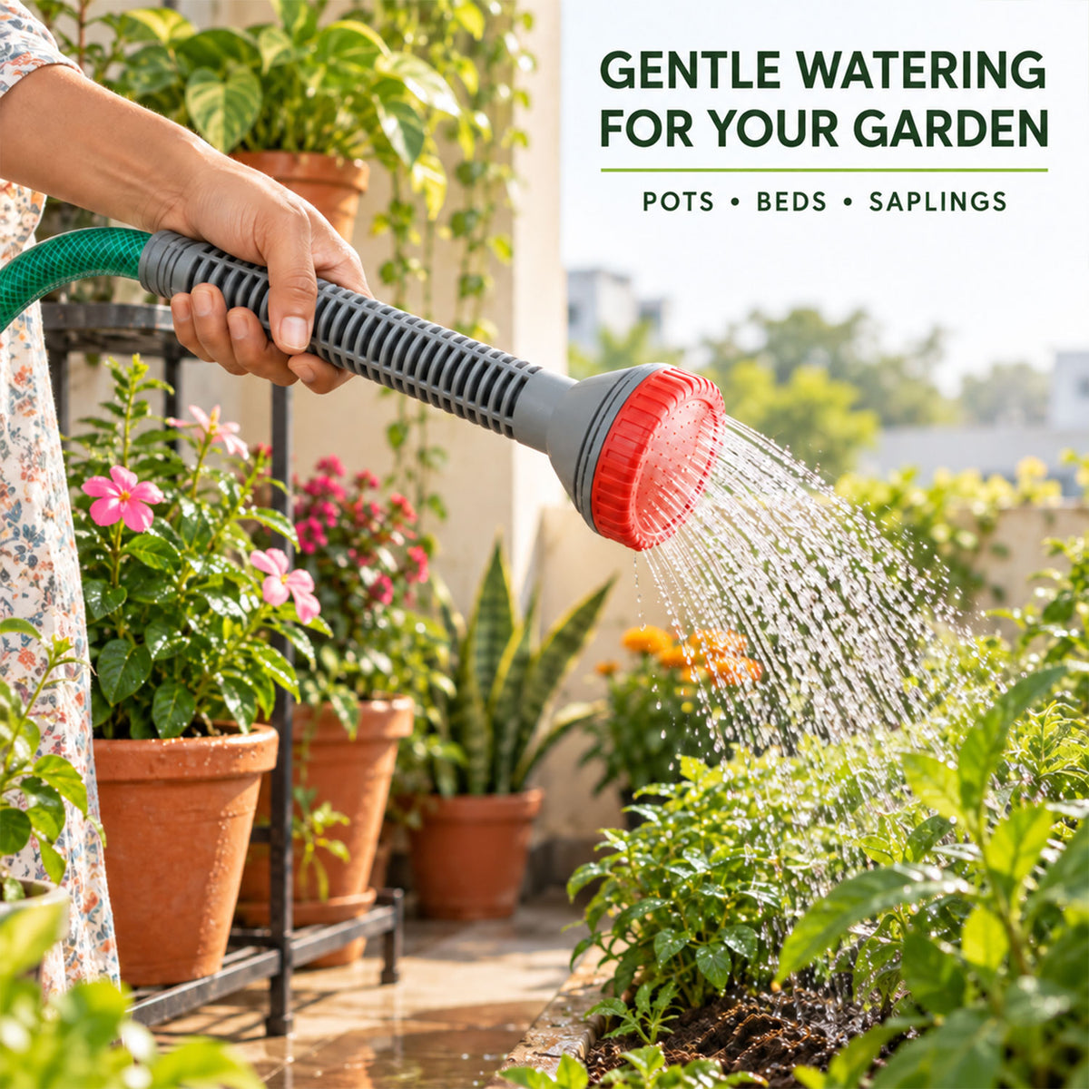 A person's hand holds a grey and red nozzle, watering green plants in terracotta pots on a patio.