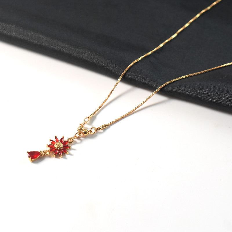 Gold-Plated Red Floral Crystal Pendant Necklace for Women