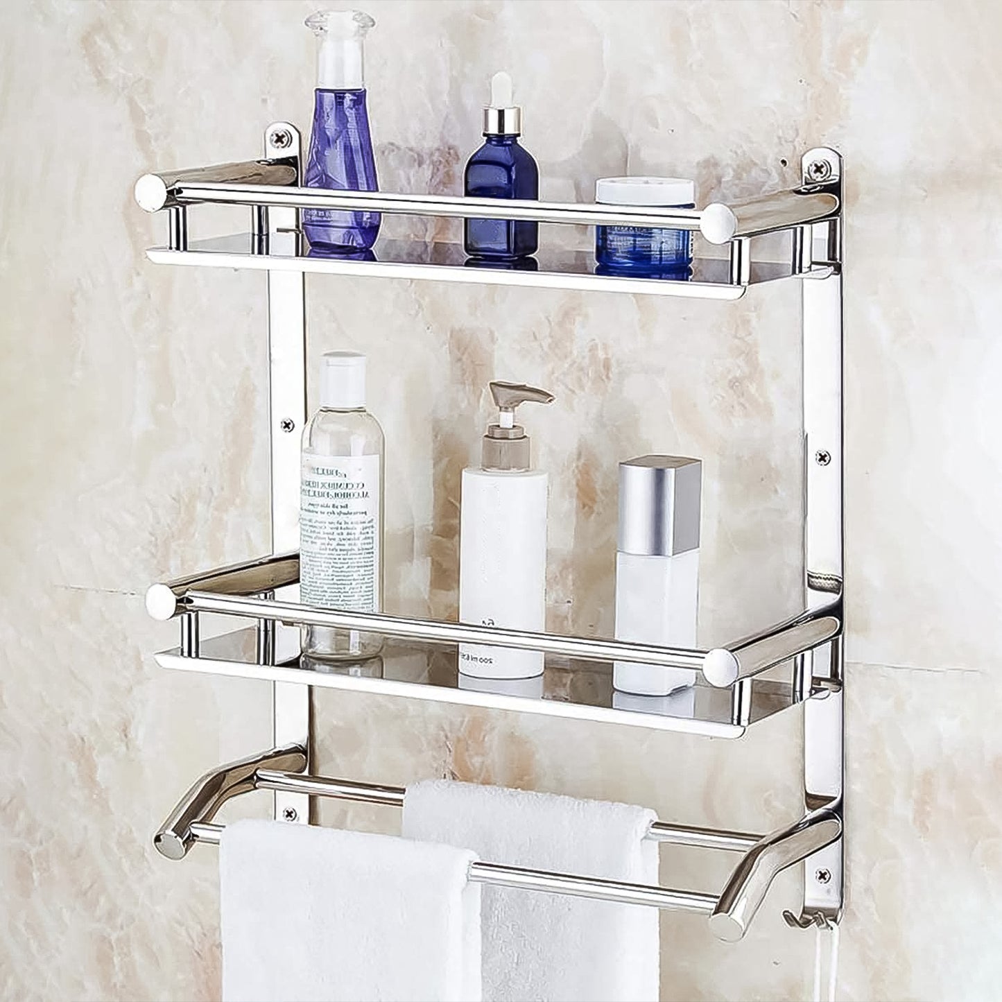 Stainless Steel Wall-Mount 2 Tier Self With Towel Bar