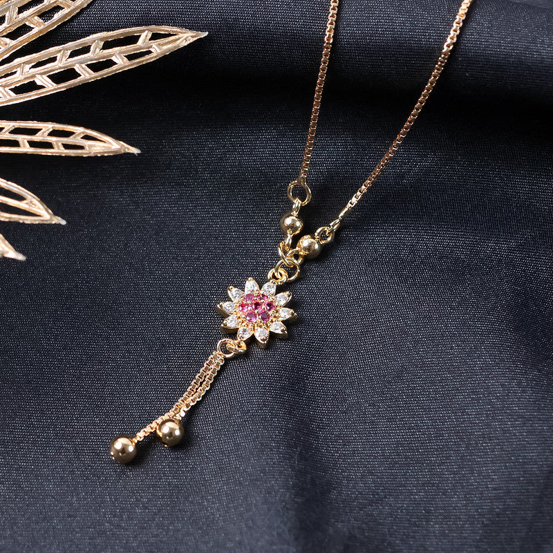 Elegant Floral Drop Pendant Necklace for Women – Gold-Plated with Sparkling Stones